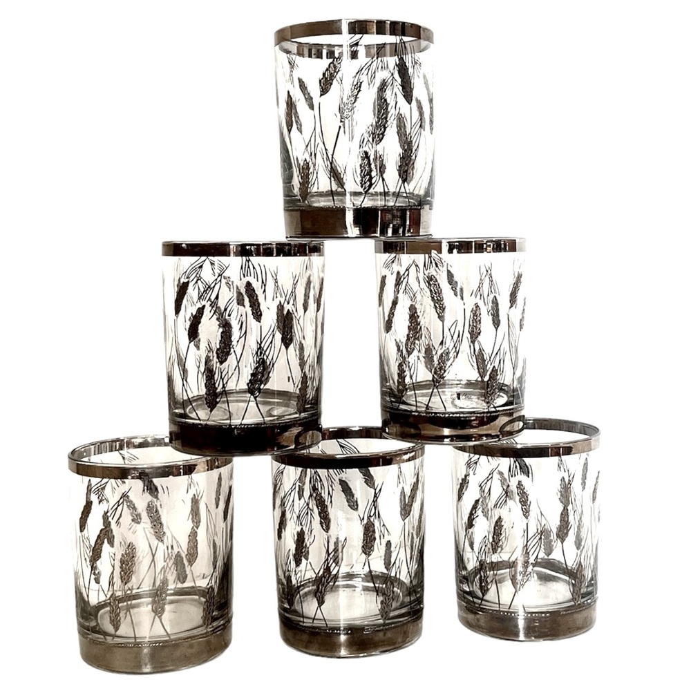 6 Mid Century Lowball Rocks Glasses Cera MCM Silver Gold Old Fashioned Cocktail